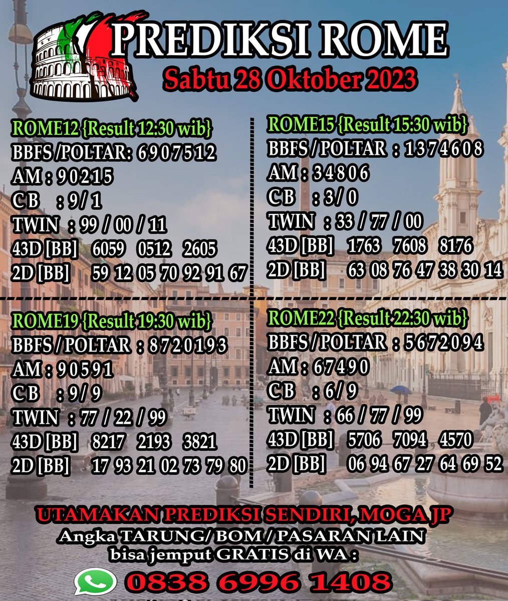 prediksimas's tweet photo. PREDIKSI ROME SABTU 28 OKTOBER 2023 BOM dan angka lain bisa jemput di WA 0838 6996 1408 GRATIS #umpire #crymua #1989TaylorsVersion #rome #Togelrome #bocoranangka #togelonline #rumusanjitu #prediksitogelhariini #pastijp https://t.co/N9U6VruawM