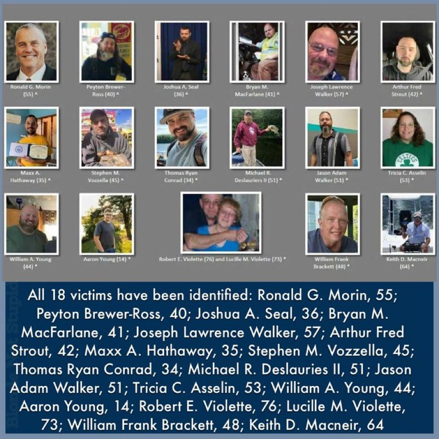 upuknews1's tweet photo. #LewistonMassacre :
Rest in peace to all the victims of the Lewiston Maine shooting.
#Lewiston #LewistonMassacre #LewistonFiring #Maine #MassShooting #Shooting #Firing #LewistonFiring #UpdateNews #ALERT #USA #USAFiring #LewistonMaine #LewistonShooter #RobertCard https://t.co/07u61jTfsn