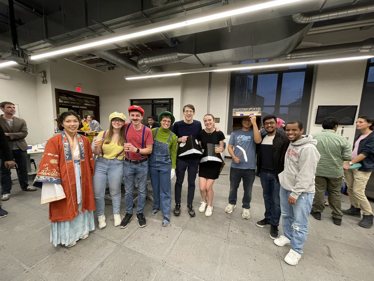 Group photo at @cmu_mse Halloween social – I came as Luigi and (without coordination with me) student J. Drew and gf Rebecca came as Mario/Wario. Strong group showing all around! 🎃