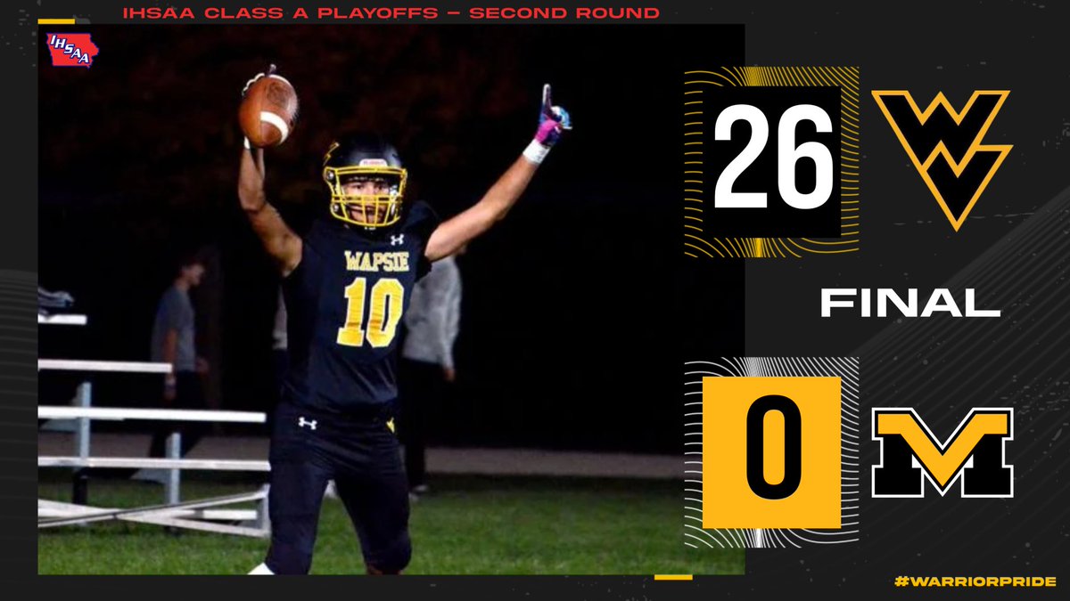 🏈 IHSAA Class A Playoffs - 2nd Round
Final
#5 Wapsie Valley - 26
Maquoketa Valley - 0
#WarriorPride #WVFB #iahsfb