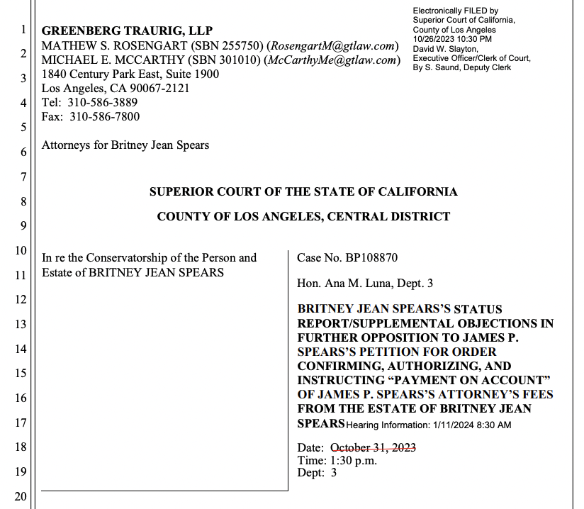 BritneyTheStan's tweet photo. BREAKING: Mat Rosengart has filed a status report urging the court to deny Jamie's attorney fees immediately. #TheWomanInMe https://t.co/GP4GgtdGGT