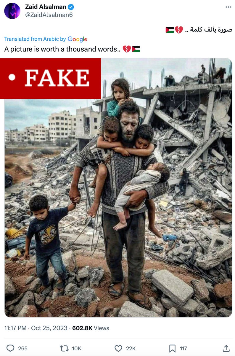 Thread: Israel-Hamas war misinformation - Day 22 Plenty of genuine images documenting the destruction in Gaza have been published since the conflict began. This, however, isn't one of them. This is an AI-generated image that's been viewed millions of times today.