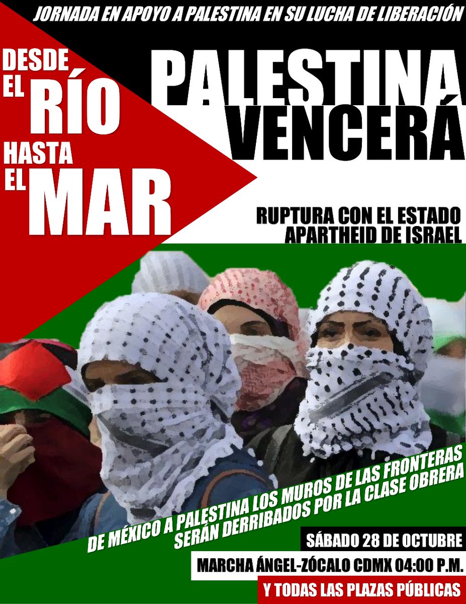 Ante el recrudecimiento del
bombardeo en Gaza, la interrupción de las comunicaciones, más de 2 mil niños palestinos asesinados, más de 15 mil heridos

SEGUNDA MOVILIZACIÓN UNITARIA DE EMERGENCIA EN SOLIDARIDAD CON PALESTINA

Este sábado a las 4
#Palestina
#PalestinaResiste