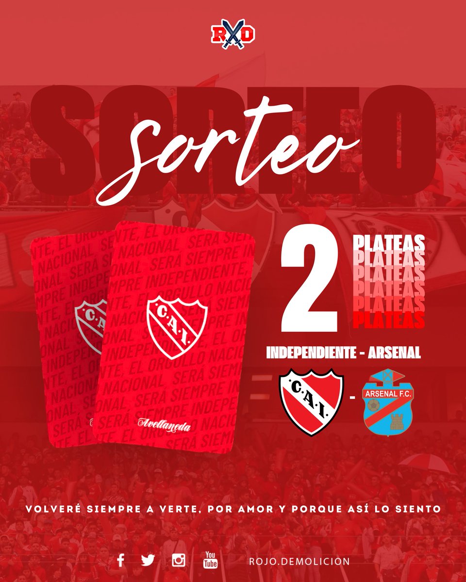 SORTEO 🇦🇹

👉🏼 Te queres ganar 2 plateas para ir a ver #Independiente - Arsenal? 👹🔥

• Seguirnos
• Darle Like y RT al tweet

LISTO ✔️ 

Para tener doble chances de ganar, podes participar en nuestro Instagram (rojo.demolicion) ✔️

Se sortea el Domingo a la mañana, suerte 🍀