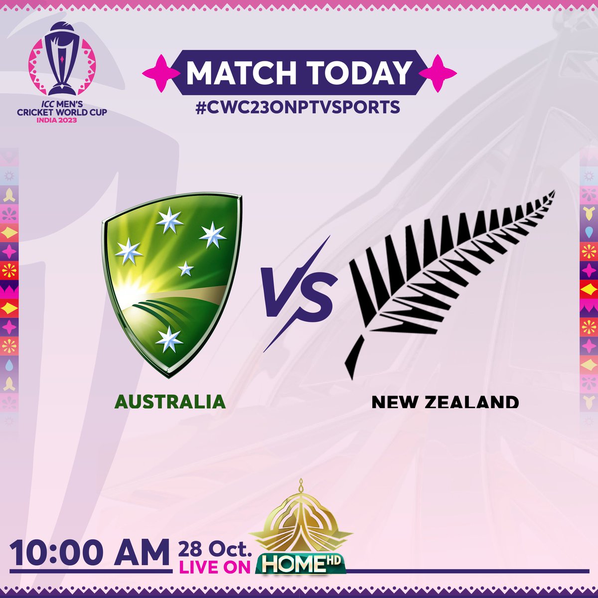 Match today #CWC23 Match 27 #AUSvsNZ
<a href="/CricketAus/">Cricket Australia</a>
<a href="/BLACKCAPS/">BLACKCAPS</a>
10 am on #PTVSports 
After second match starts, we move onto #PTVHome
#cwc23onptvsports