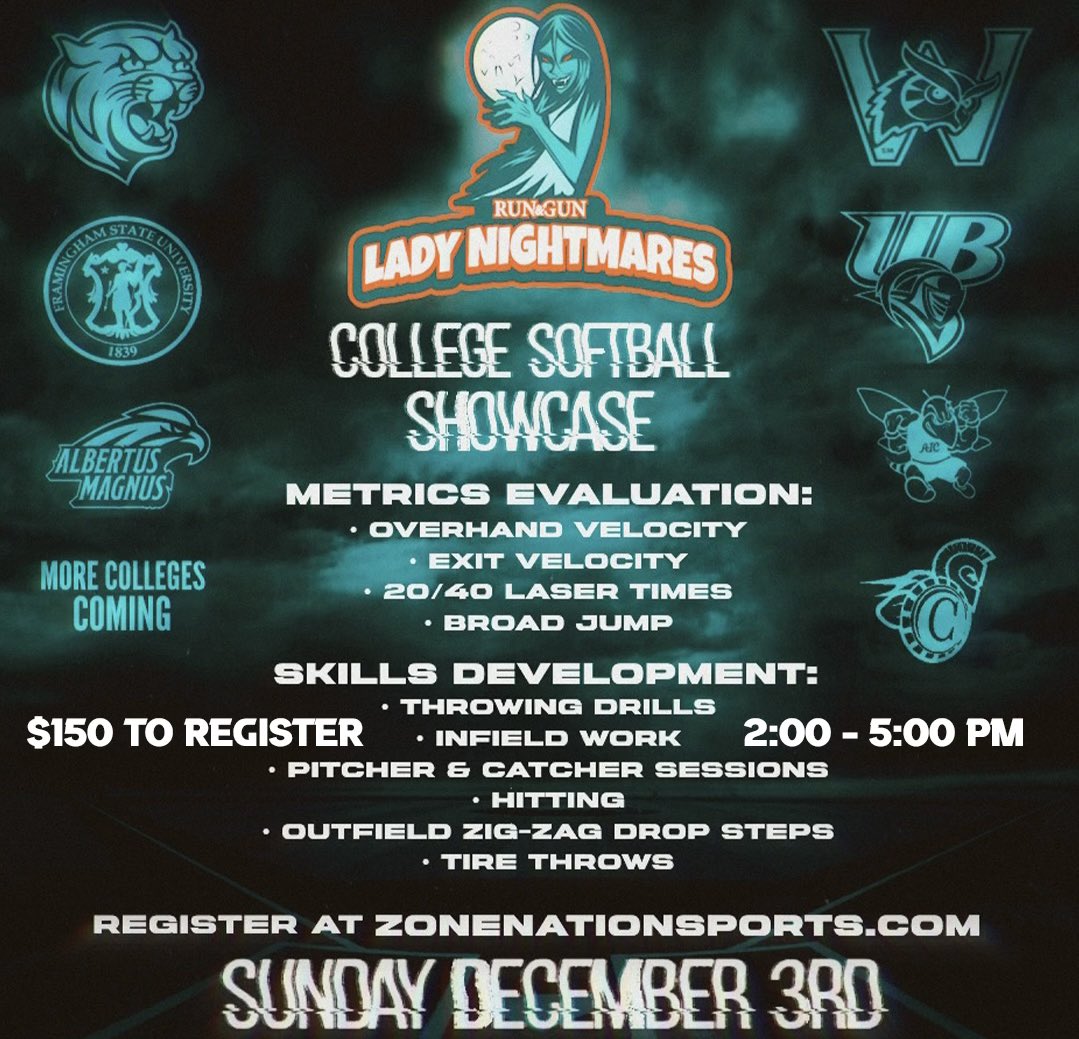 🧟‍♀️🥎Lady nightmares and coach Sal Raucci will be hosting there first college showcase clinic! First 40 players to signup. 7 schools committed so far! <a href="/NightmaresNew/">New York Lady Nightmares</a> <a href="/DawnMStearns1/">Dawn M Stearns</a> @Coach___Fletch <a href="/Coach_Ladino/">Jon Ladino</a> <a href="/CoachLouAMC_SB/">Lou Bunosso</a> @GameTimeCT <a href="/RASports/">Rep-Am Sports</a> @PhilWil04 <a href="/CastletonSports/">Castleton Spartans</a> 🧟‍♀️🥎