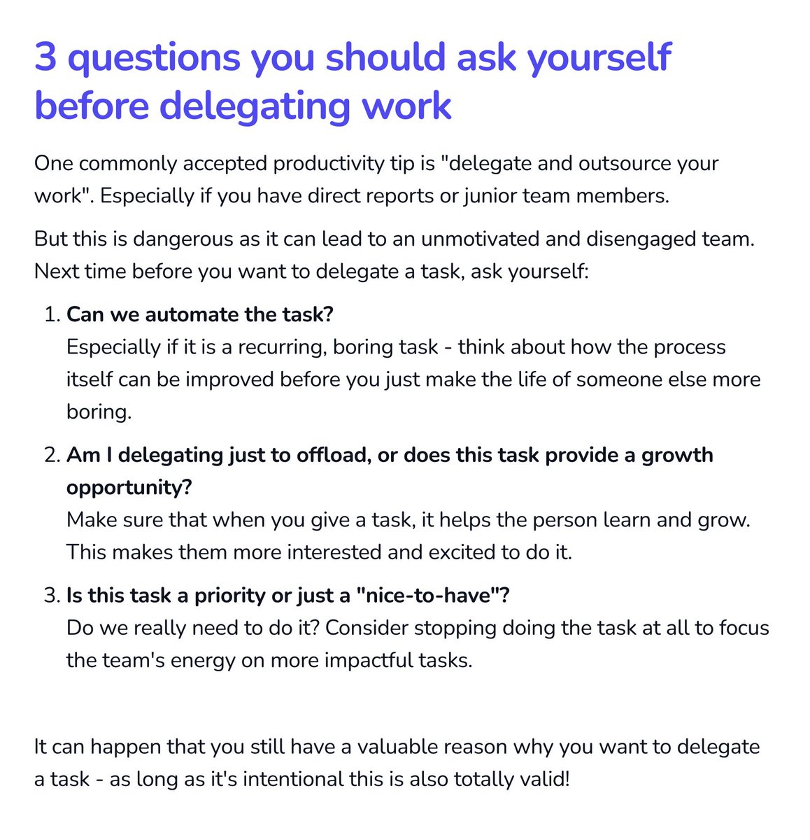 binarybias_'s tweet photo. 3 questions you should ask yourself before delegating work! https://t.co/2KKcHgVgoT