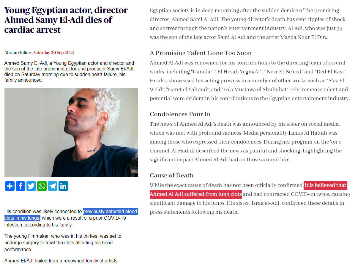 MakisMedicine's tweet photo. 35 year old Egyptian actor, director Ahmed Samy El-Adl died suddenly on Sep.30, 2023

from cardiac arrest due to pulmonary embolism

COVID-19 mRNA Vaccine blood clots, blamed on COVID-19 instead

Nattokinase is crucial to detox spike 

@twc_health #Diedsuddenly #cdnpoli #ableg https://t.co/c6DEq3lNY5