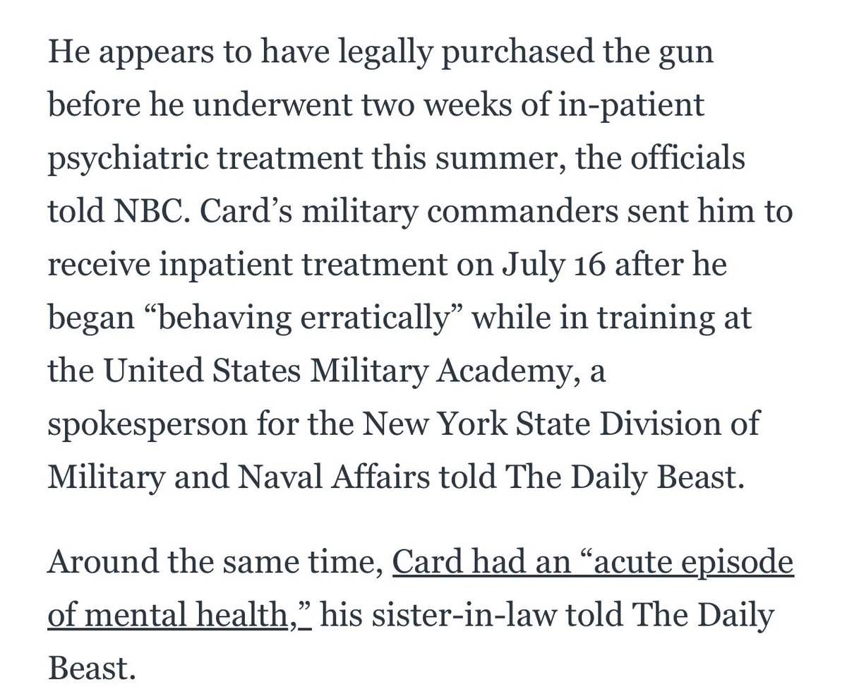 The Maine mass shooter was recently hospitalized for a psychotic episode and his family told military and police he was a danger to himself and others, but he was still able to buy a sniper rifle legally.

He did nothing illegal until he opened fire: thedailybeast.com/maine-shooting…