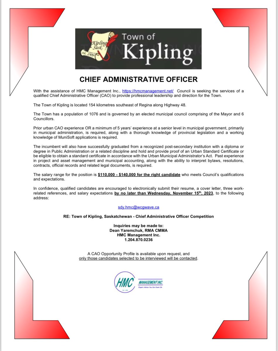 We are looking to hire a CAO for the Town of Kipling, Sask. Salary range is $110,000-$140,000/year plus great benefits. A SK Urban Standard Certificate is required. Contact me before November 15, 2023 for more details. Great opportunity for the right candidate. Could that be you?