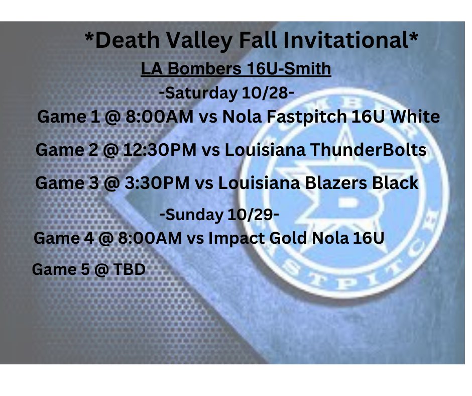 We will take the field at 8AM on field 7 in the morning in Zachary, LA at the Death Valley Fall Invitational. Come out and cheer on your favorite group of Bombers or follow us on GameChanger:
web.gc.com/teams/fTHSXCAc…