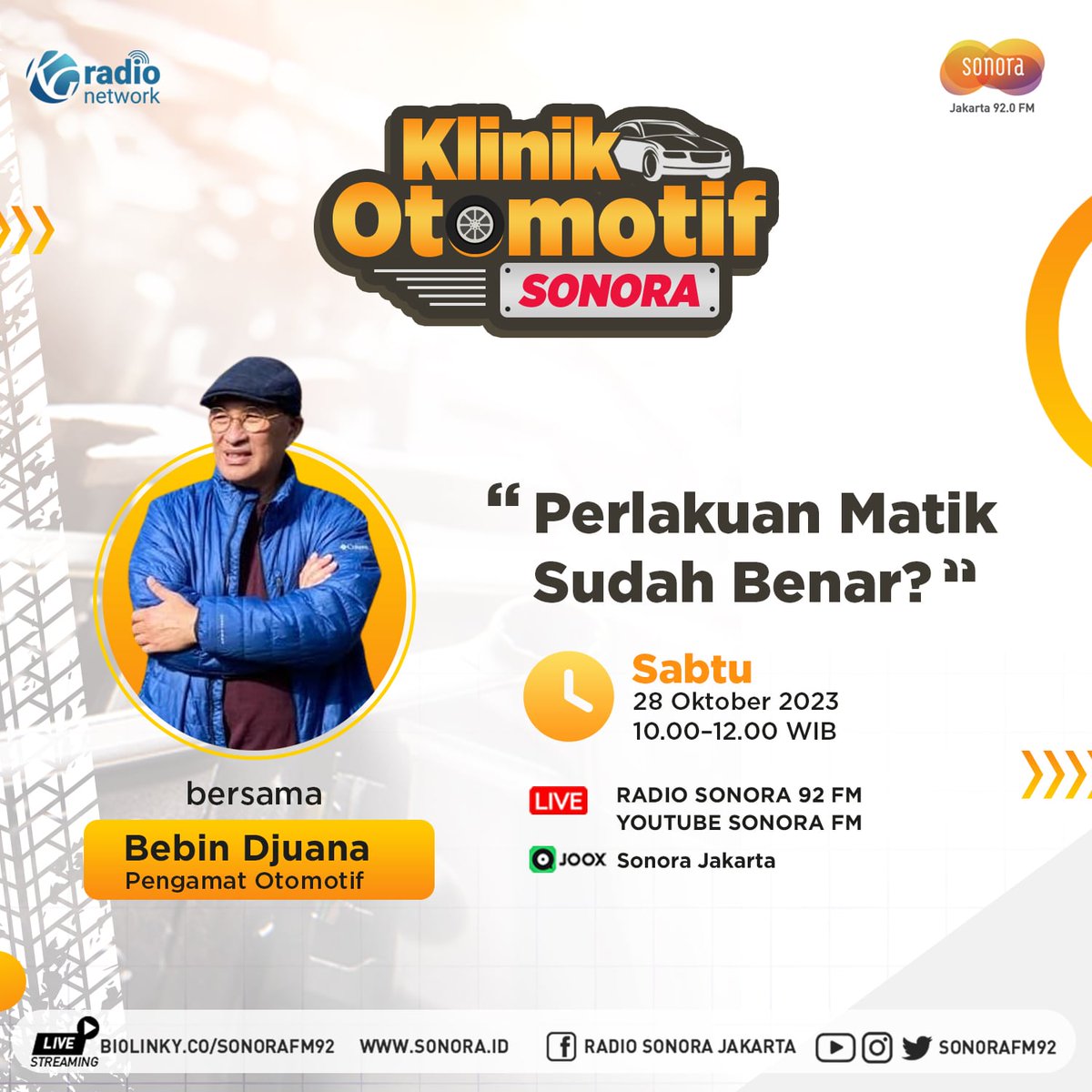 SonoraFM92's tweet photo. Simak pembahasan tentang "Perlakuan Mobil Matic" dlm program Klinik Otomotif Sonora #KOS brsm Bebin Djuana
π Sabtu, 28 Oktober 2023
π 10.00-12.00
π» #SonoraNetwork
πLive Streaming: https://t.co/acsuB2LVh7
πLive on JOOX,https://t.co/CE3v88astX
πLive YouTube: Sonora FM https://t.co/cs63lTgeGo