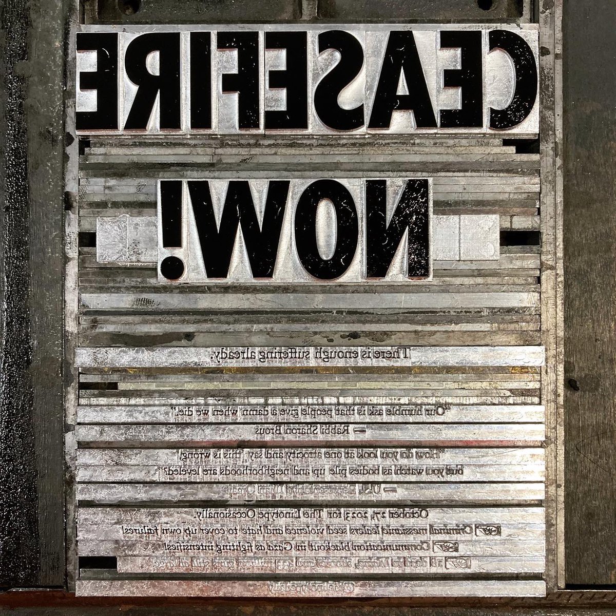 TLinotypist's tweet photo. #letterpress #linotype #gaza #israel #ceasefirenow Cast 8 and 11pt Electra with Cursive, and 96pt Gothic Medium Condensed on the Ludlow https://t.co/WYbAIjgce3