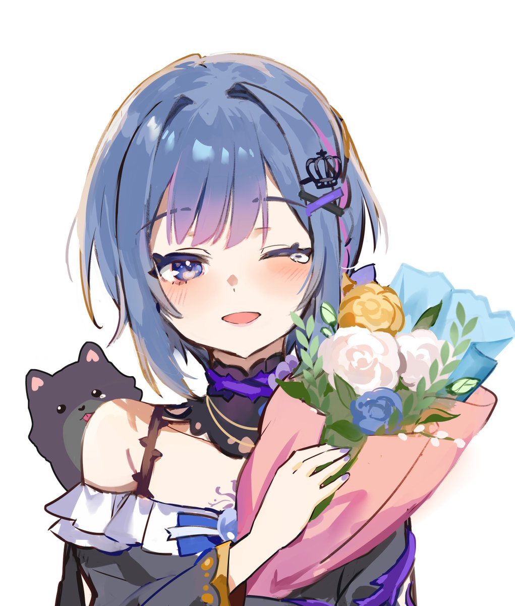 1girl bouquet one eye closed flower blue hair holding bouquet holding  illustration images