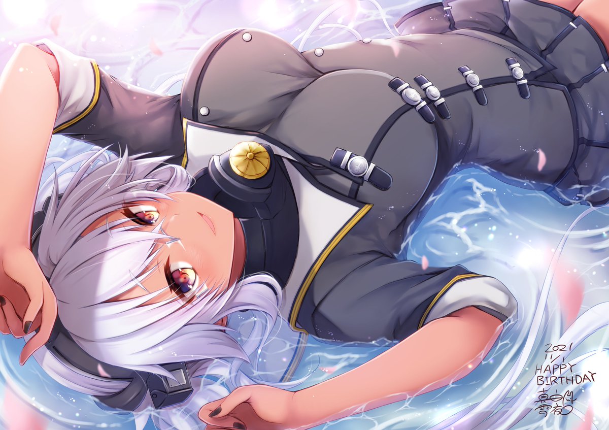 musashi (kancolle) ,musashi kai ni (kancolle) 1girl dark-skinned female dark skin solo breasts dated glasses  illustration images