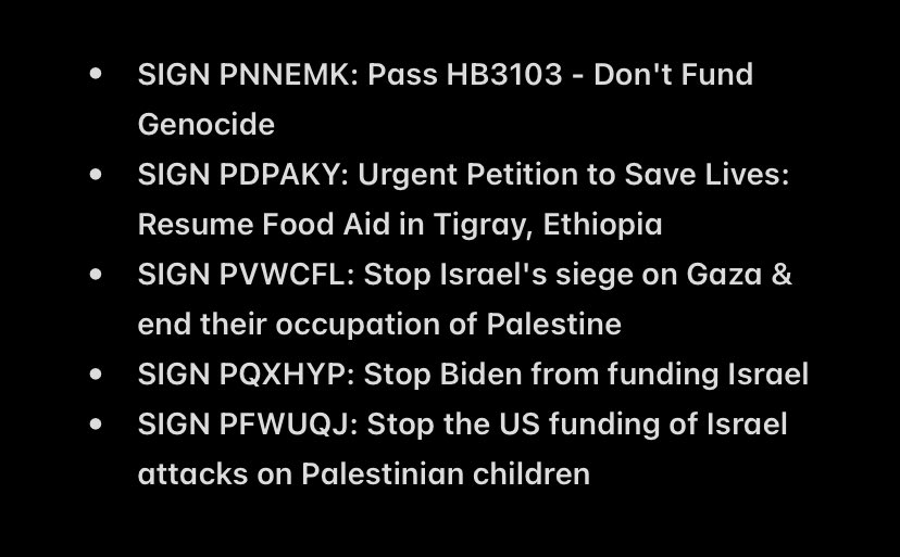 If you are a United States citizen, please text 50409 with the following phrases to send pre-written letters to your representatives and senators

- “SIGN PNNEMK”
- “SIGN PDPAKY”
- “SIGN PVWCFL”
- “SIGN PQXHYP”
- “SIGN PFWUQJ”