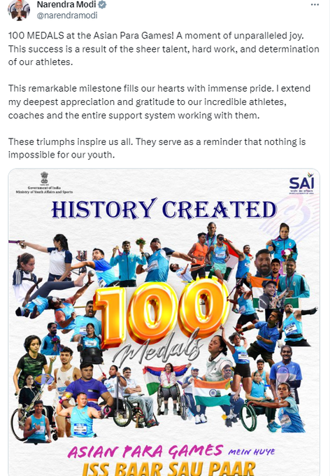 EconomicTimes's tweet photo. #India has hit the 100-medal mark at the #AsianParaGames in #China's #Hangzhou. PM #Modi says, "This success is a result of the sheer talent, hard work, and determination of our athletes."

🗞️ Catch the day's latest news and updates ➠  https://t.co/GM5a4wrzso https://t.co/aZ2yVE9uQ2