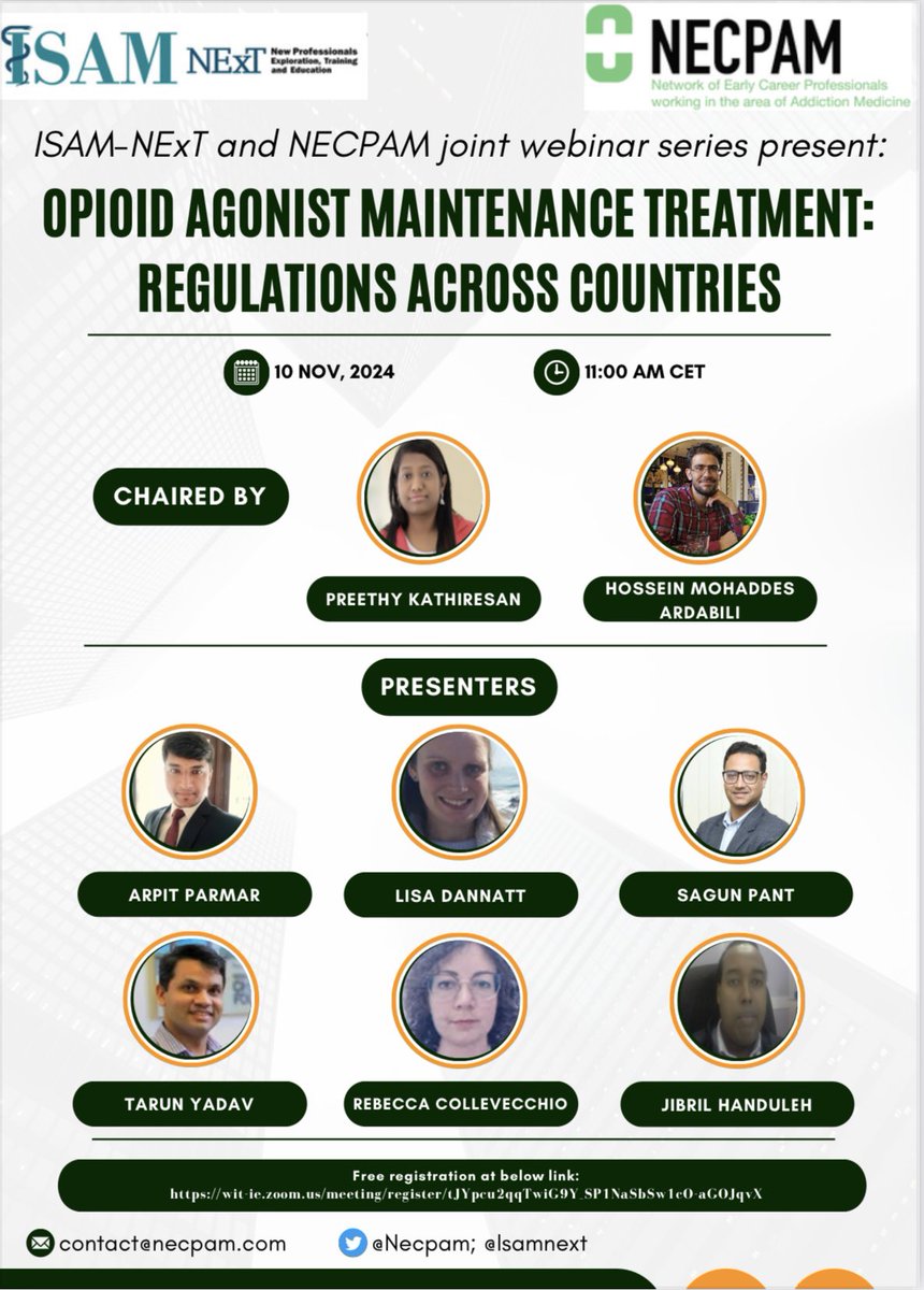 Join us for ISAM NExT @isamnext NECPAM @necpam joint webinar series >>6th edition titled “Opioid Agonist Treatment: Regulations Across Countries” Register wit-ie.zoom.us/meeting/regist…