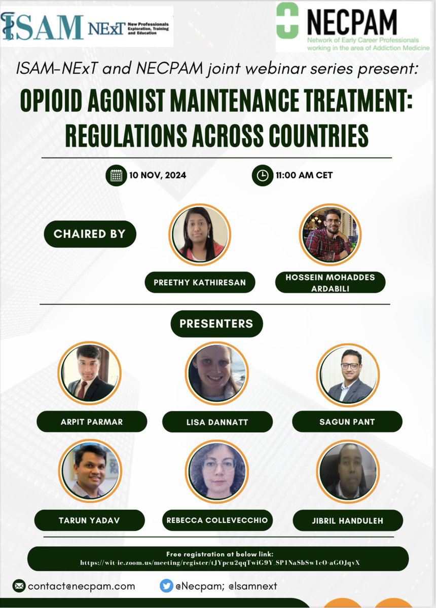 Join us for ISAM NExT <a href="/isamnext/">ISAMNExT</a> NECPAM <a href="/necpam/">NECPAM</a> joint webinar series &gt;&gt;6th edition titled “Opioid Agonist Treatment: Regulations Across Countries” Register wit-ie.zoom.us/meeting/regist…