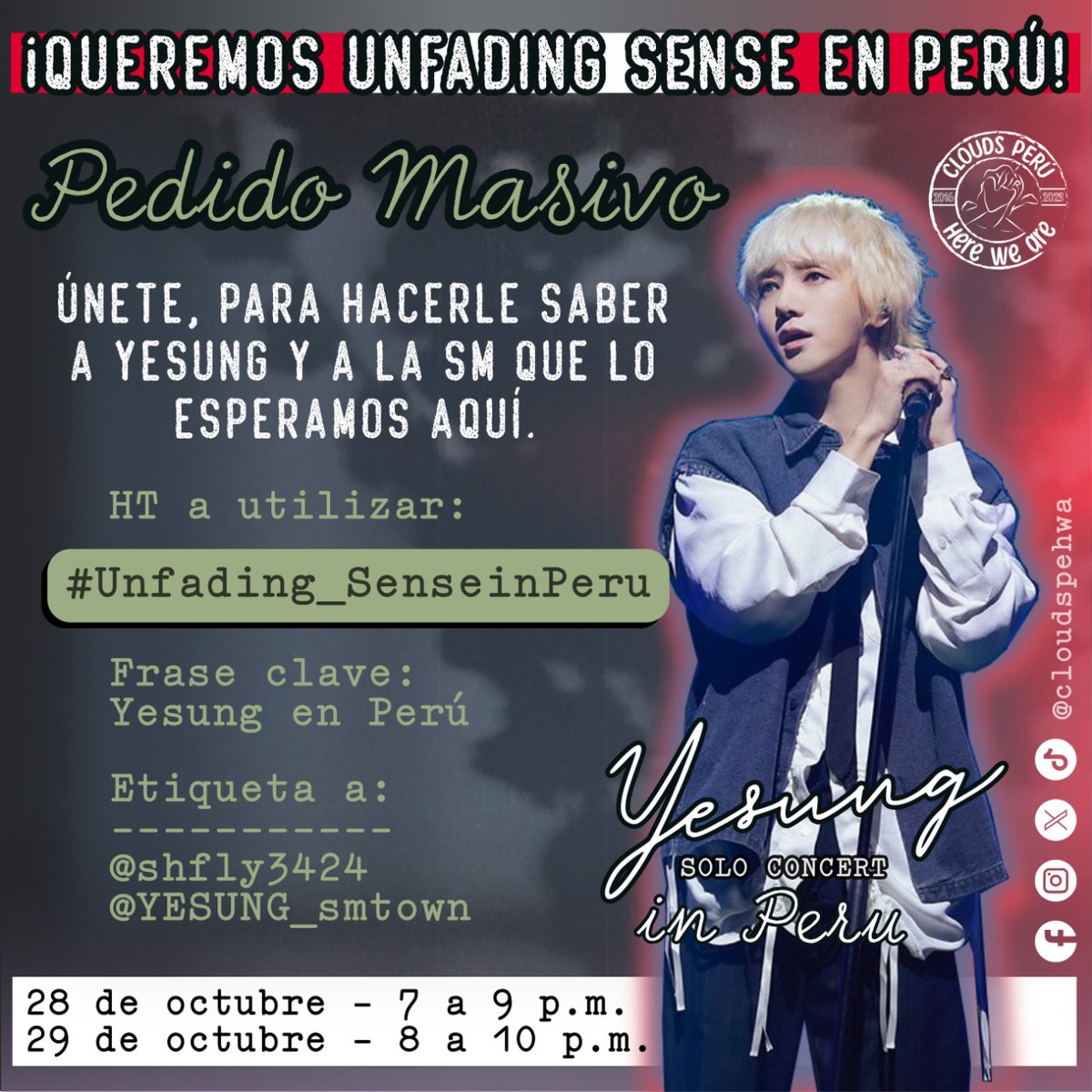 [CAMPAÑA]
Le  invitamos a la Twitteada Masiva!
Días: 

✨️ Sábado 28 de octubre ✨️, de 7 a 9 p.m.

 ✨️domingo 29 de octubre✨️, de 8 a 10 p.m

El HT a utilizar es :
#Unfading_SenseinPeru 

La frase clave es: 
Yesung en Perú 

Etiquetar a :
<a href="/shfly3424/">Yesung</a>
<a href="/YESUNG_smtown/">YESUNG official</a>