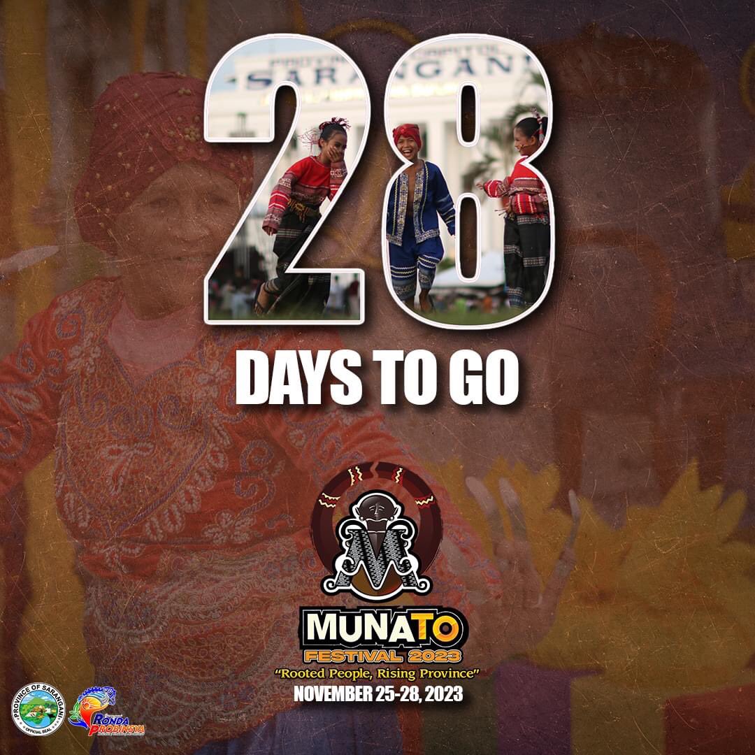 piosarangani's tweet photo. 28 days to na lang at magkikita-kita tayong muli sa MunaTo Festival!

Halina't makiisa sa pagdiriwang ng ating mayamang kultura, makulay na kasaysayan, at di matitinag na pagkakaisa. 

Huwag palampasin ang pagkakataong ito at 𝗺𝗮𝗸𝗶- #𝗠𝘂𝗻𝗮𝗧𝗼𝗙𝗲𝘀𝘁𝗶𝘃𝗮𝗹𝟮𝟬𝟮𝟯 𝗻𝗮! https://t.co/athocdZtjQ