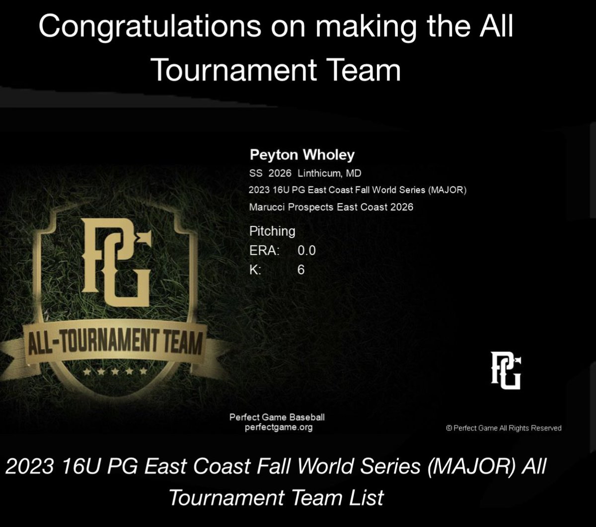 16U PG East Coast Fall World Series All Tournament Team (Pitching)

Congratulations to <a href="/reesed08/">Reese Davis</a> <a href="/GraysonOD44/">Grayson O’Donnell</a> <a href="/peyton_wholey/">Peyton Wholey</a> 

<a href="/SPFalconsBSBL/">Severna Park Baseball</a> <a href="/AHSCatsBaseball/">Arundel Baseball</a> <a href="/BaseballGaels/">MSJGaelsBaseball</a>