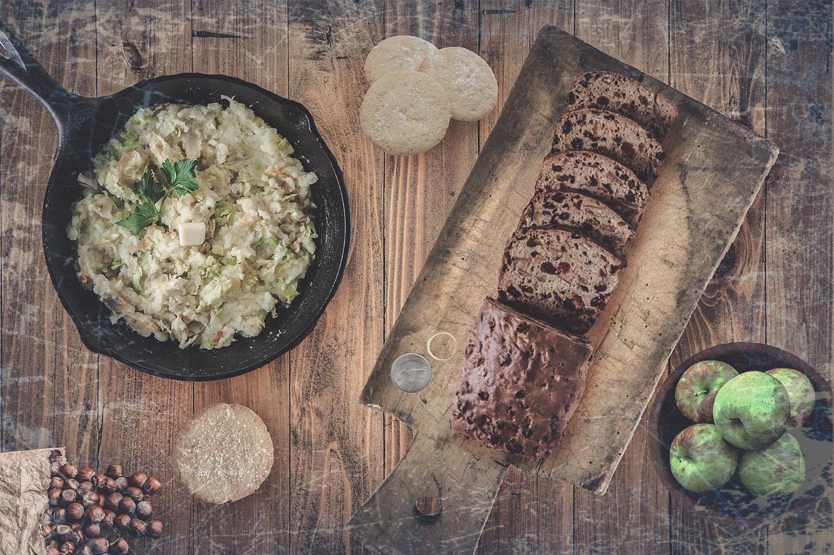 SubRosaMagick's tweet photo. Bia Samhain agus An Suipéar Balbh -
#Samhain Food and The #DumbSupper.
As mentioned previously, the Irish Samhain festival originates from the Celtic Féile na Marbh feast of the dead, which was the 4th fire festival of the Celtic year. It is also a celebration of the second harvest of the Celtic year. The first being Lúghnasadh where grains and berries were harvested. On Samhain nuts and apples were traditionally harvested. It was even considered a taboo to eat Blackberries after November 1st as they now belonged to the Púca and it was said the Púca spits on them after Samhain.
Food such as Cáca Anam (soul cakes) were made to eat and given out to mummer callers at the door. They were also left out as offerings for families Sinsear (ancestors), the Púca and the Sídhe (fairies).
The tradition of eating Cál Ceannann, (Colcannon, "white-headed cabbage" in Irish), is an Irish dish of mashed potatoes with either kale or cabbage and sometimes with wild nettle. It was eaten before they went out as it was meant to help protect them from any evil spirits out that night.
Bairín Breac (Barmbrack, “speckled loaf” in Irish), was also made by the bean an tí (lady of the house) and eaten on Samhain night. This is a type of traditional Irish fruit cake that was made with adding a coin, a ring and a rag into the mixture. With the purpose of divining the coming year for those who ate it. The coin represents a windfall in money, a ring, a marriage proposal and a rag for a rough year ahead.
Animals such as pigs, bulls and poultry that were not breeding stock were traditionally slaughtered since Celtic times and both eaten at the communal feast around the bonfire or given as offerings to the Tuatha Dé Danann or left for the Aos Sí.
An Suipéar Balbh (dumb supper), dumb referring to a silent supper, was held at midnight or dusk on Samhain night. Where a full meal was prepared and eaten backwards, meaning everything opposite such as cutlery and order of food eaten. With an extra meal set out for an ancestral spirit to join in. The door would be left unlocked or open as an invitation and sometimes guises were worn throughout, with only candles lighting the room.
via Scoil Bhean Feasa FB