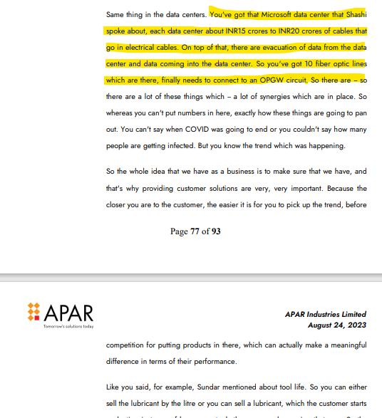 APAR INDUSTRIES
Holding from Rs 600
Going aggressive in DATA CENTERS

Full range of offering including the fiber optic cables, hybrid cables, LAN cables, copper cables and the OPGW conductors in data centers and cloud computing.