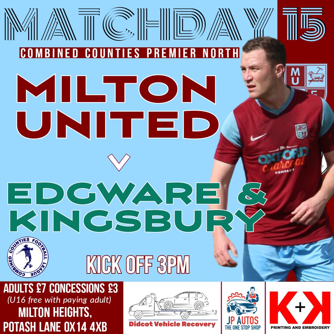 MiltonUnited's tweet photo. 🅜🅐🅣🅒🅗🅓🅐🅨 ➊➎
It's game day, and we're at home this afternoon.
@EdgwareFC are the visitors in this Combined Counties Premier North clash.
Kick off 3pm at The Heights.
#UTM #TMIB https://t.co/QmJJyLsy8Z