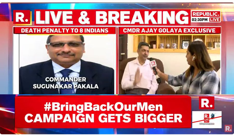 republic's tweet photo. #BringBackOurMen campaign gets bigger | CMDR Ajay Golaya speaks exclusively to Republic after 8 decorated ex-Navy officers sentenced to death in Qatar, says, "The verdict is completely shocking..." 

#Qatar #IndianNavy #FormerNavyOfficers #NavyOfficers #India #DeathPenalty #IndianGovt 

WATCH #LIVE here-https://t.co/tWsjuYu4Xp