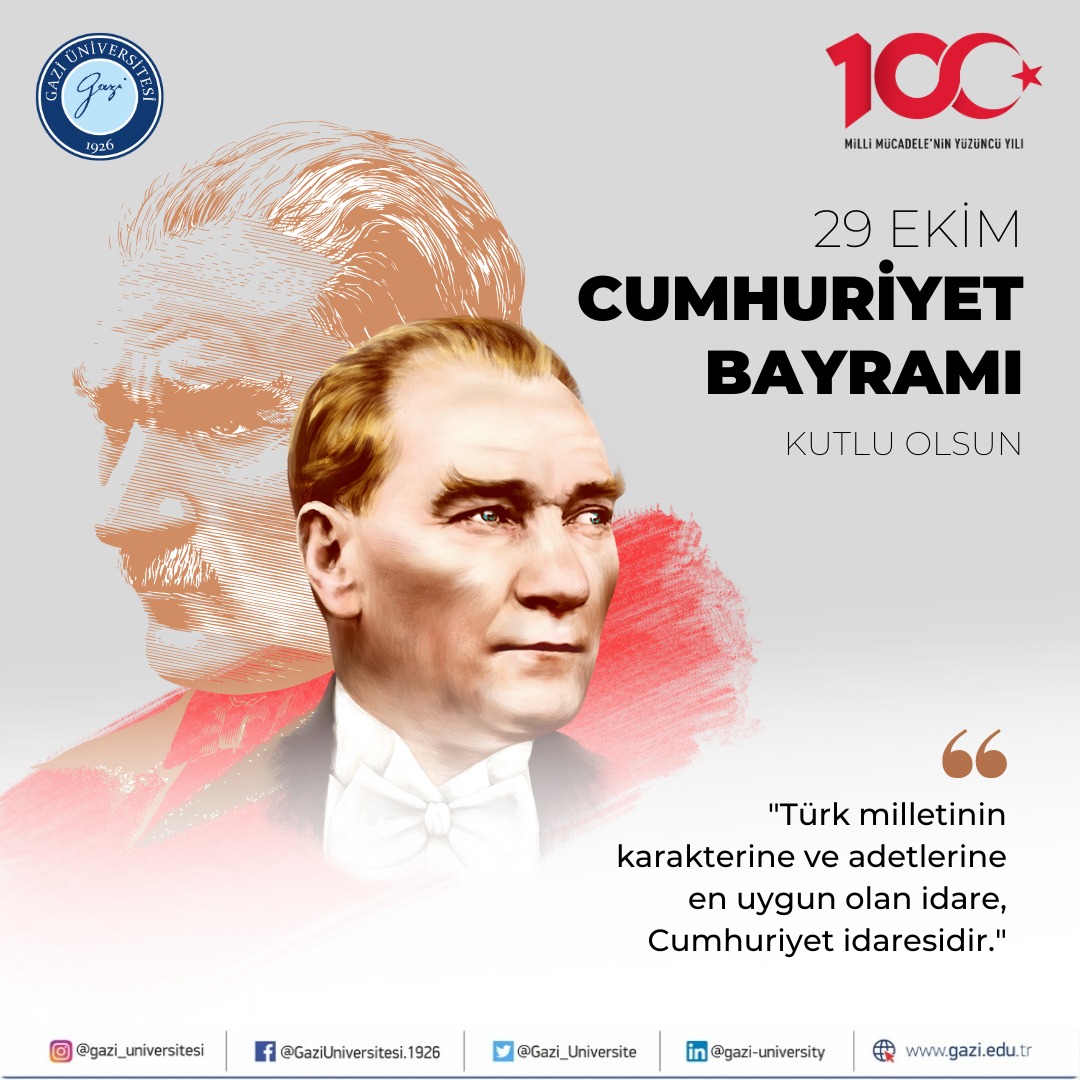 Gazi_Universite's tweet photo. 🔵 97. yıla ulaşmanın mutluluğunu ve gururunu yaşayan Gazi Üniversitesinin birer mensubu olarak bizler, bugüne kadar olduğu gibi bundan sonra da Cumhuriyetimize sahip çıkmaya devam edeceğiz. Nice 100 yıllara...

#gaziliolmakayrıcalıktır
#GaziÜniversitesi
#CumhuriyetYüzYaşında https://t.co/Qh5D17fWhT