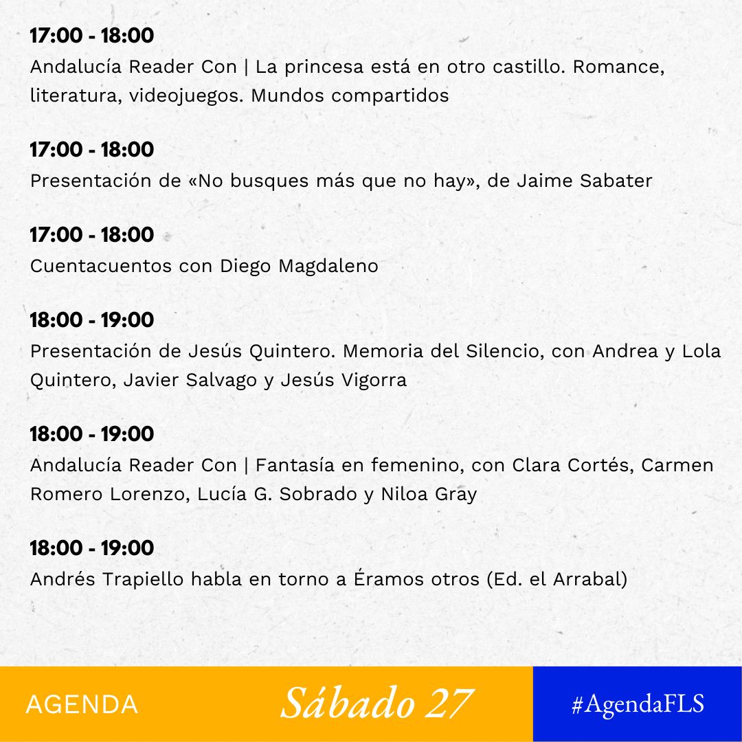 FLSevilla's tweet photo. ¿Quieres saber qué se cuece hoy en la #FLS23? Apunta para que no se te pase nada porque vamos cargaditos de planes.
Empezamos fuerte: por la mañana tendremos a @benegasmar embobando a los lectores más pequeñitos con un cuentacuentos.
#AgendaFLS #ProgramaciónFLS https://t.co/tmutvrCnVL