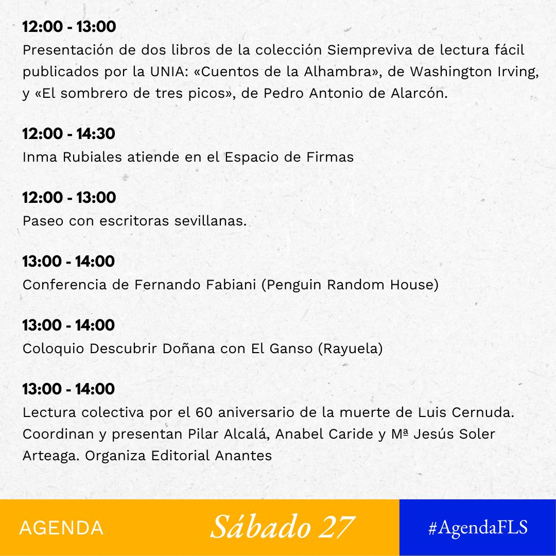 FLSevilla's tweet photo. ¿Quieres saber qué se cuece hoy en la #FLS23? Apunta para que no se te pase nada porque vamos cargaditos de planes.
Empezamos fuerte: por la mañana tendremos a @benegasmar embobando a los lectores más pequeñitos con un cuentacuentos.
#AgendaFLS #ProgramaciónFLS https://t.co/tmutvrCnVL