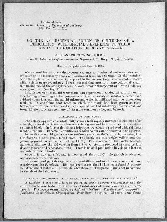 In 1929, Alexander Fleming published his paper outlining the antibacterial properties of penicillin, and began the era of antibiotics. Read the Nobel Prize laureate's full article online: goo.gl/G8mUHd #OpenAccessWeek