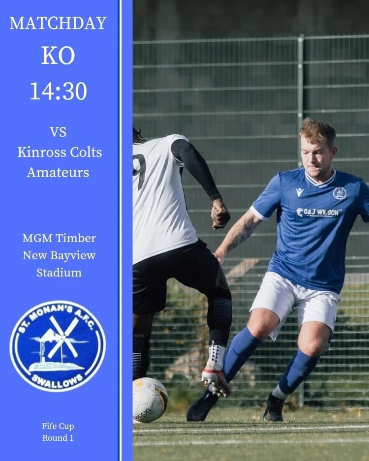 SwallowsAFC's tweet photo. IT'S MATCHDAY

KO 14:30 - Make your way to the home of @EastFifeFC to support the Swallies against Kinross Colts Amateurs. 

Covered seating and no ticketed entry. 

See you there and MTS 💙 https://t.co/wRJGEDQ8em