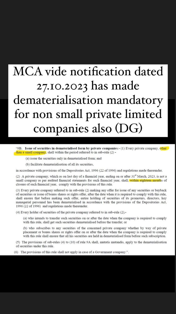 DiveshGoyal04's tweet photo. MCA vide notification dated 27.10.2023 has made dematerialization mandatory for Non Small private limited companies also (DG)
#bornforcs #ProudCSmomhere #proudCS #icsistudents https://t.co/Nqbp2Ybn5f