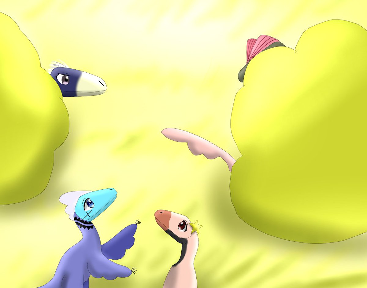 私はエオラプトルさんと黄金の地へと向かいました。確かに辺り一面の植物が光を受けて金色に輝いています。
ここにシノサウルスさんがいるという話でしたが…、確かに恐竜さんの気配を感じますね