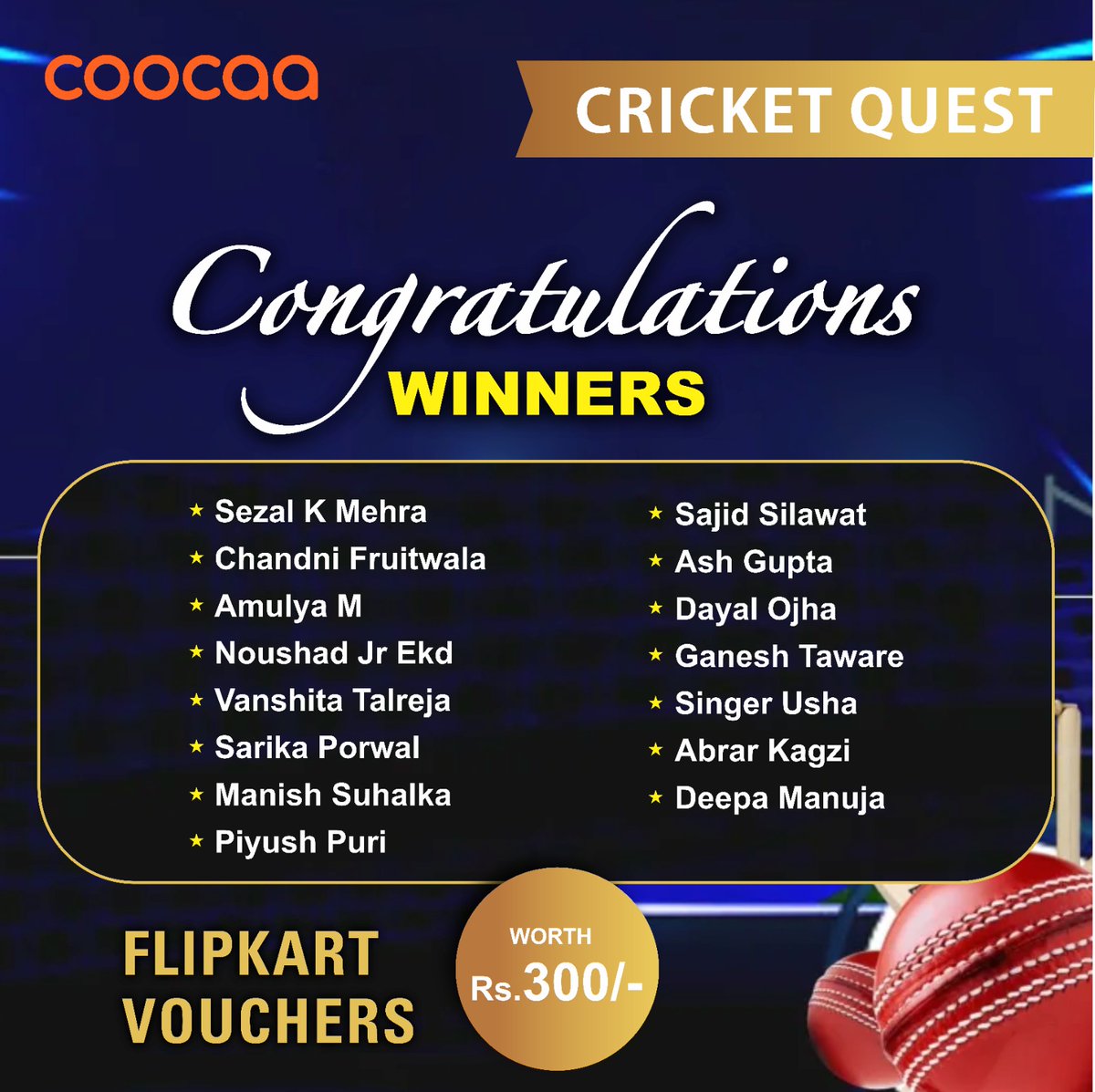 CoocaaIndia's tweet image. Hello, everyone! We're thrilled to bring you some fantastic news!
The champions of the #CoocaaCricketQuest have been officially revealed 🥳🥳
Huge congratulations to all of you! You truly excelled! 🎉
Stay Tuned for more exciting contests 🎊

 #Contest #Winners #Announcement