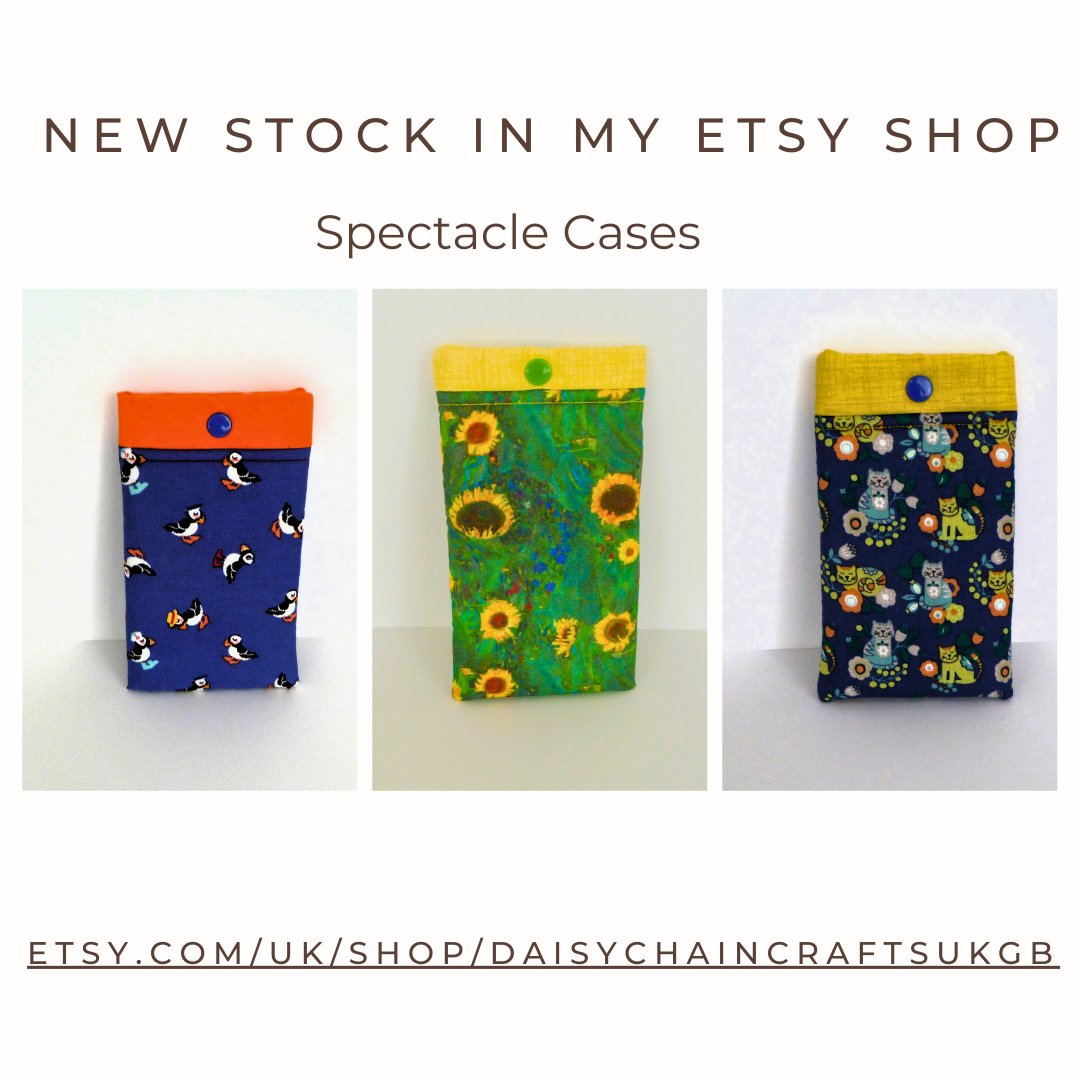 Etsy shop update.
Three spectacles cases. Puffins, Sunflowers and cats. Each measure Cms. 8 x 10/ Inches. 7 x 4  Link in bio . . . 
#catlover #catlovergift #puffins #puffin #puffinlove #glassescase #sunflowers #stockingfiller #UKGiftHour #craftbizparty #ukmakers #CatsOfTwitter
