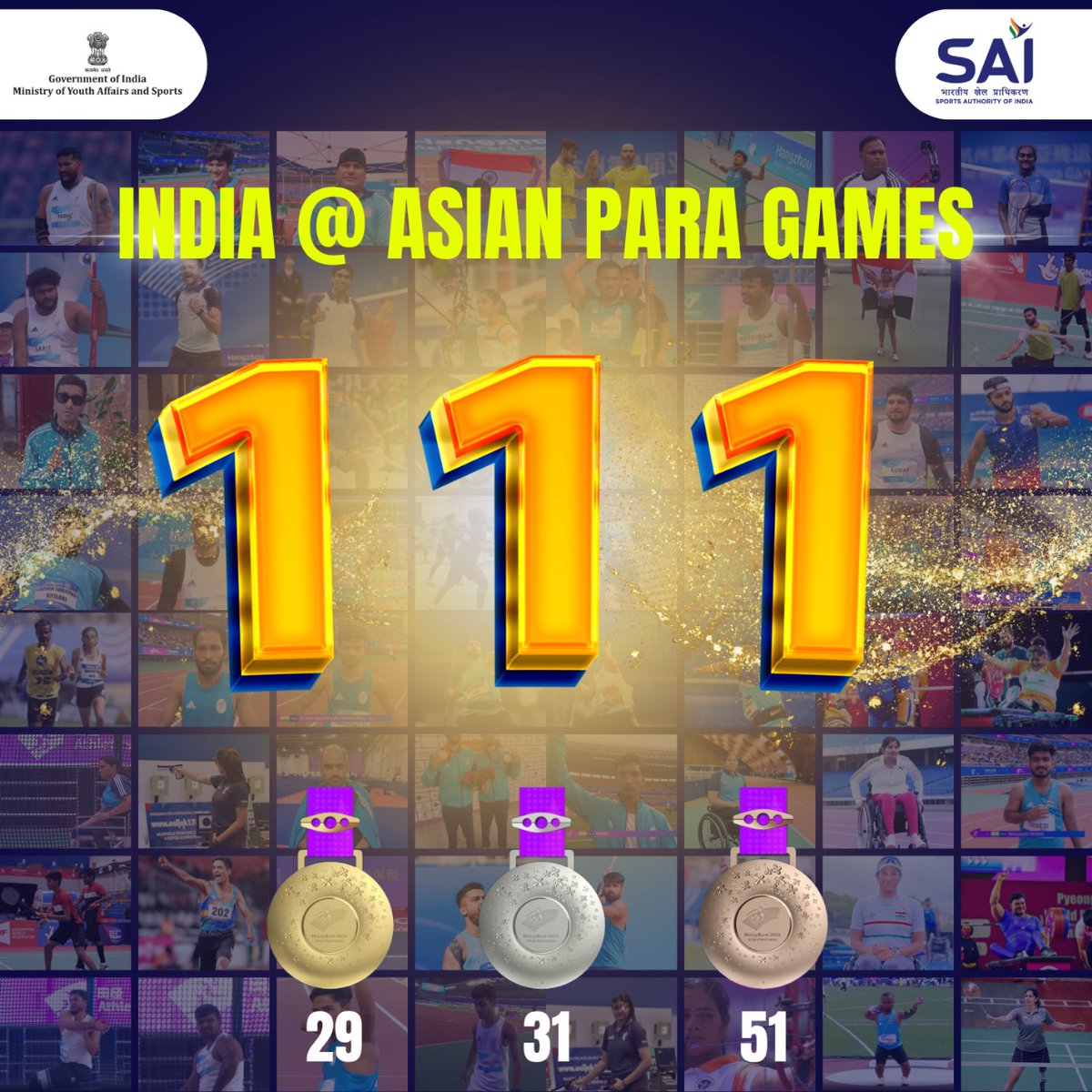 That's it! HISTORY MADE at #AsianParaGames2022!! 🥳🥳

We promised, we delivered! Team 🇮🇳 returns home with 1⃣1⃣1⃣ medals, a superb number, surpassing all odds and adversities! 

Super proud of our para athletes🤩🤩 

#IsBaar100Paar
#Cheer4India 🇮🇳
#Praise4Para
#HallaBol…