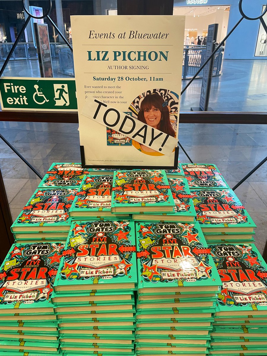 Practically all set up and ready for our 11am event with @LizPichon. We’re ever so excited. @scholasticuk @TweetBluewater @Waterstones @WaterstonesKids #TomGates #booksigning