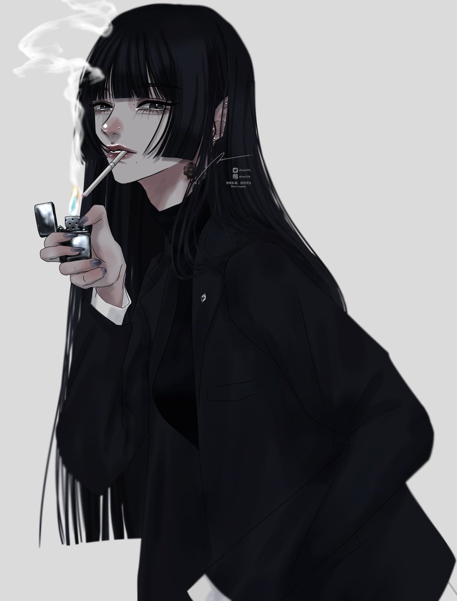 1girl cigarette smoking solo black hair long hair lighter  illustration images
