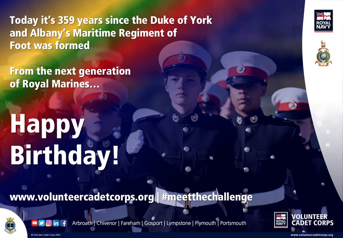Major (VCC) Louis Colpitts (@majcolpittsvcc) on Twitter photo Happy 359th Birthday to the entire <a href="/RoyalMarines/">Royal Marines</a> Corps family today.
Formed in 1664, the Royal Marines are an integral part of the <a href="/RoyalNavy/">Royal Navy</a> and have a huge part of <a href="/VCCcadets/">Volunteer Cadet Corps</a> history!
Per Mare, Per Terram! Happy 359th Birthday to the entire <a href="/RoyalMarines/">Royal Marines</a> Corps family today.
Formed in 1664, the Royal Marines are an integral part of the <a href="/RoyalNavy/">Royal Navy</a> and have a huge part of <a href="/VCCcadets/">Volunteer Cadet Corps</a> history!
Per Mare, Per Terram!