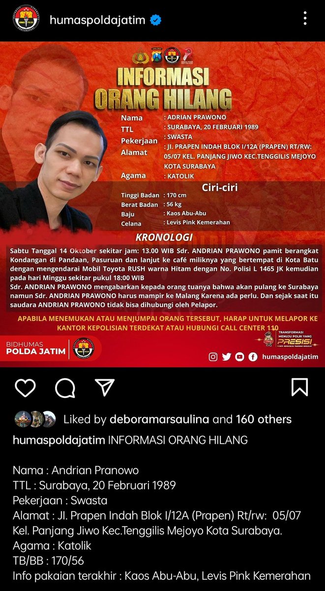 ✨Twitter PLEASE DO YOUR MAGIC ✨

Bantu kami menemukan sahabat saya, Adrian Prawono, yang sudah 13 hari hilang tanpa kabar.

Begini kronologinya: