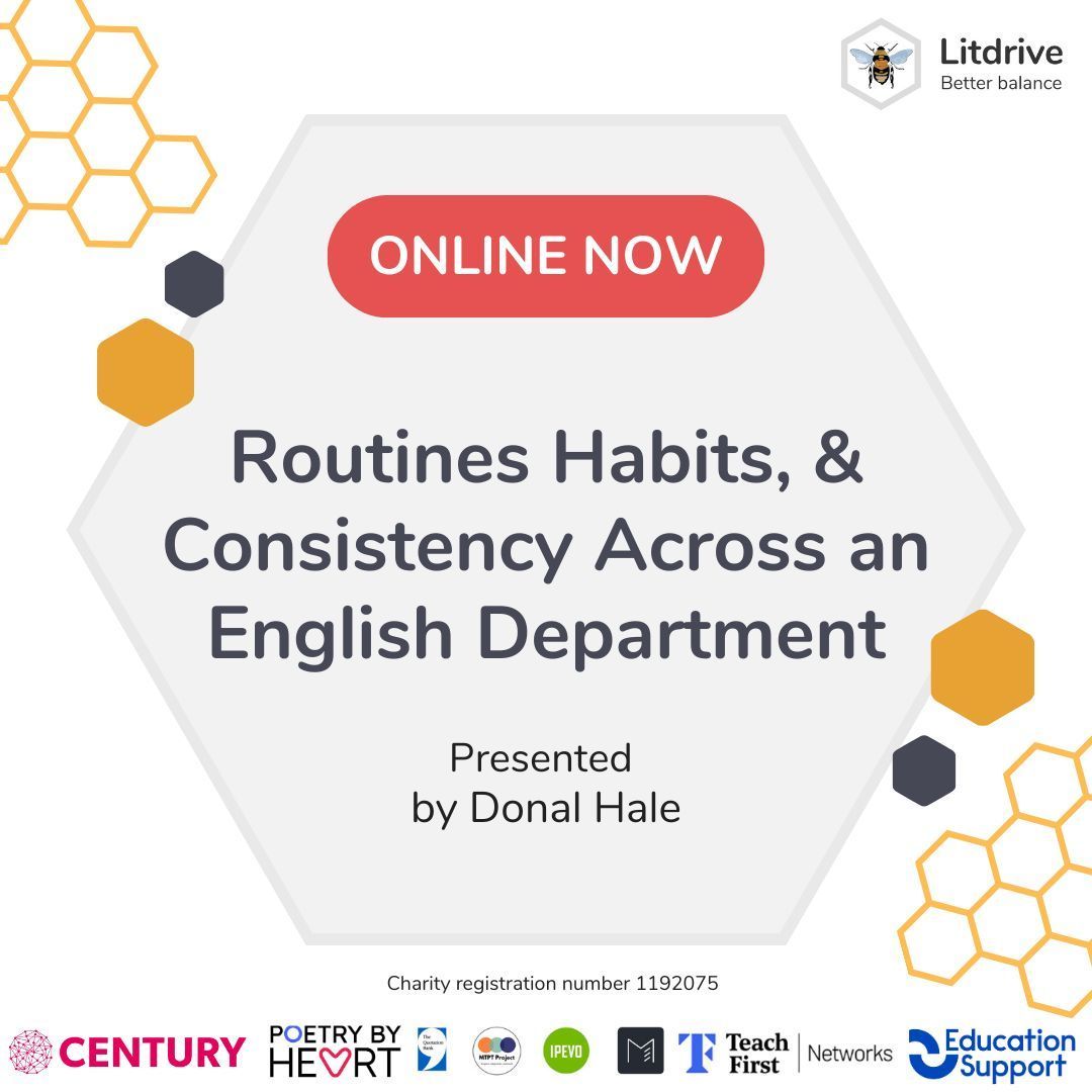 LitdriveUK's tweet photo. Missed out on the LitdriveCPD23 conference?

Don’t worry - today’s session is from our conference in July ⭐️

Available now, with @HaleDonal - ‘Routines, habits and consistency across an English Department': https://t.co/jl7gP6e93g 🐝

#LitdriveCPD #TeamEnglish @Team_English1 https://t.co/JGnRktkYeC