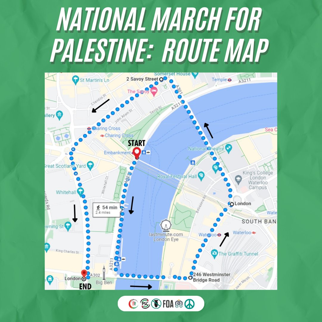 PSCupdates's tweet photo. 📢 This is the official Route of our National Demonstration for Palestine today

We will meet at 12pm at Embankment to march to Parliament Square. There will be stewards to guide you, please do not divert from the designated route.

Join us, show your solidarity with Palestine 🇵🇸 https://t.co/S7sog6Iab3