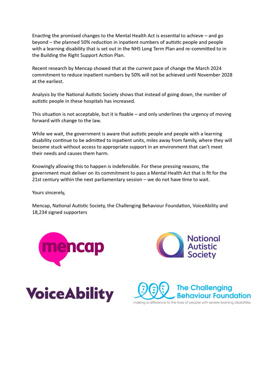 This week 18,234 people urged @RishiSunak to reform the #MentalHealthAct to stop people with a #LearningDisability and Autistic people from being sectioned if they do not have a mental health condition. Read our letter signed with @Autism, @voiceability, and @CBFdn here in full.