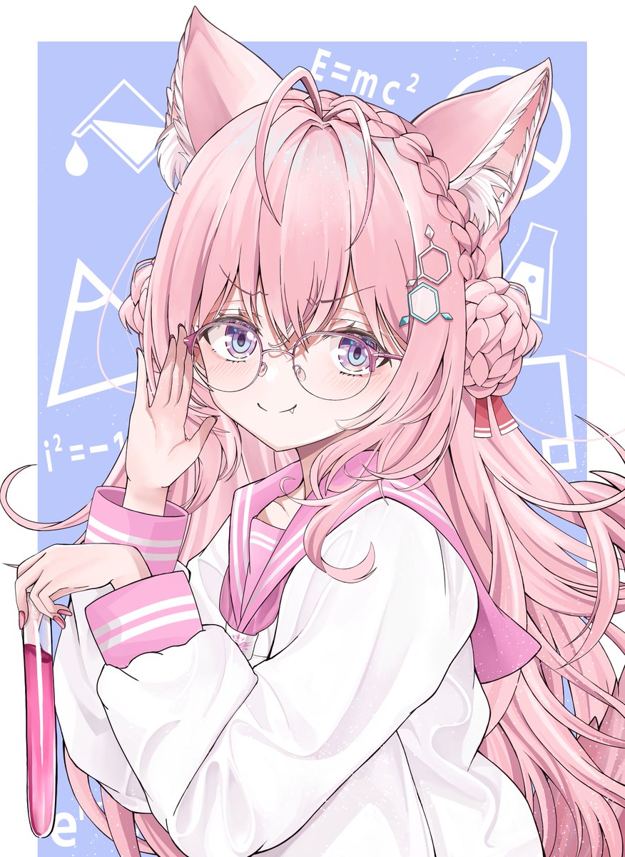 hakui koyori 1girl animal ears glasses pink hair long hair braid solo  illustration images