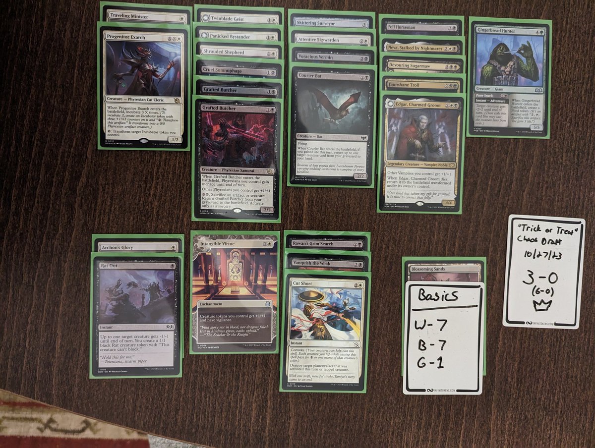 Celebrated my 30th birthday by going 3-0 (6-0) at <a href="/labyrinthdc/">Labyrinth Games & Puzzles</a>'s "Trick or Treat" semi-chaos draft: random packs of VOW, MOM, and WOE.

sealeddeck.tech/ccafKx9cDr

The treat was 🏆ing with my favorite color pair. The trick was being on the draw all 6 games.