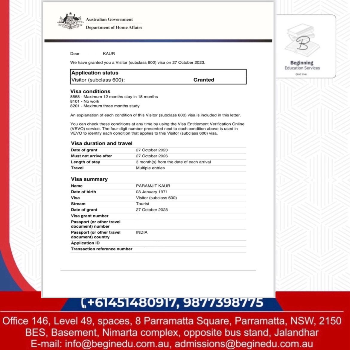 BeginEdu's tweet image. 🥳 Success Story 🥳

One more #VisitorVisa approved 🎉 🎊

We look forward to helping more people in the future. 😊

#VisaExperts are a call away: +61451480917.

#SC600 #SC600Visa #SubClass600 #Visitor #Visa #VisaService #SydneyVisa #AustraliaVisa #Australia #TouristVisa #Sydney